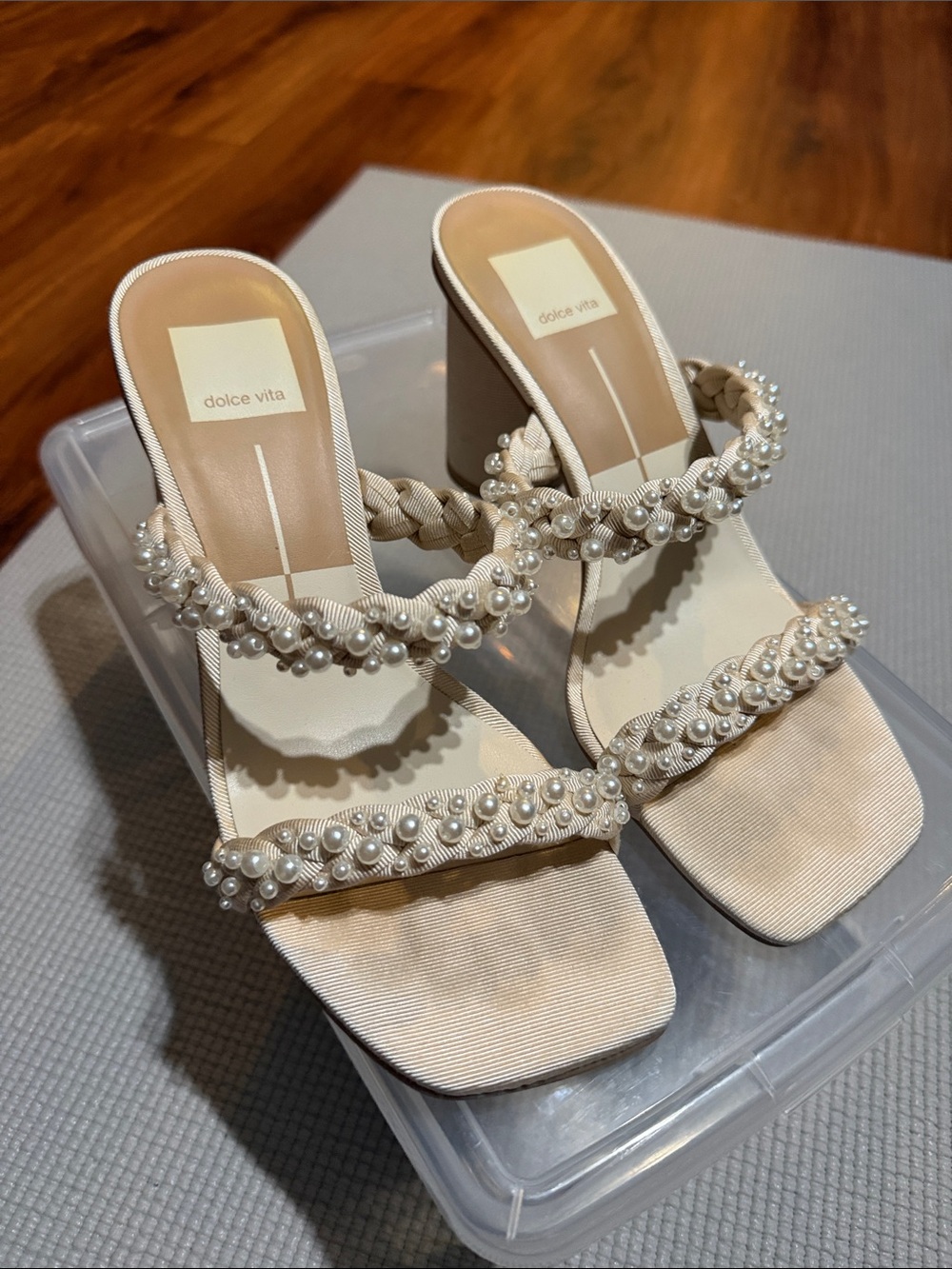 Dolce Vita Cream Pearl-Strap Block Heel Sandals